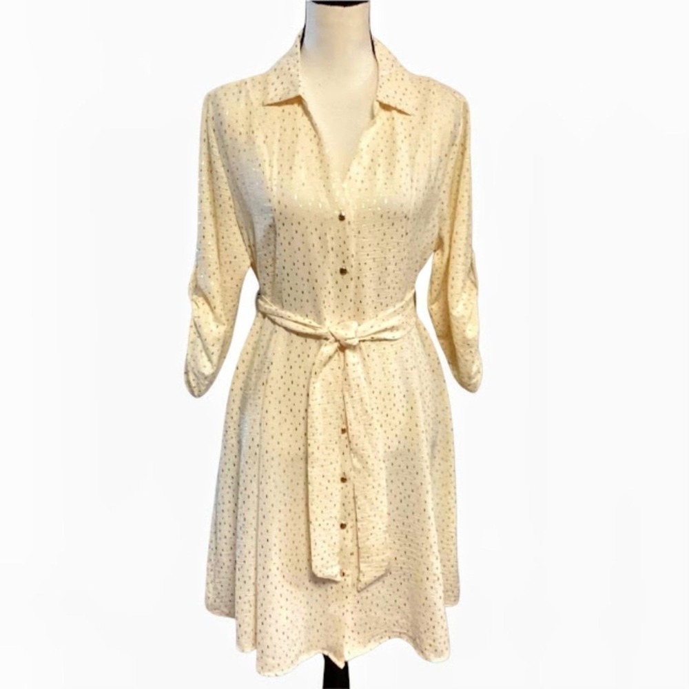 Emily Daniel's Gorgeous Button-up Long Sleeve Midi Dress in Cream/Gold in Large